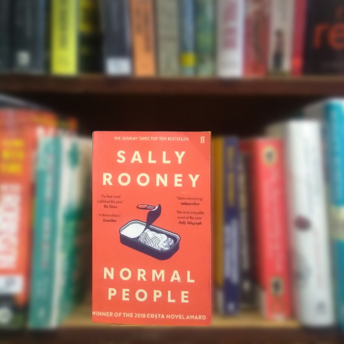 Shows based on books: front cover of Normal People, red and showing illustration of couple embracing, sitting on Library shelf.