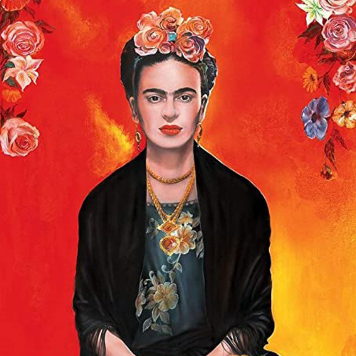 A Frida Kahlo inspired portrait to celebrate International Women's Day. The bright background is made up of reds, oranges and yellows, with delicate flowers around the edges. A woman is sat in the foreground wearing a black shawl, floral top and gold necklace, with flowers in her hair. 