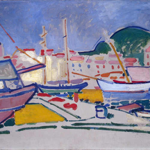 Port Vendres by Andre Derain. The painting depicts boats in a port, made up of lots of bright colours including yellow, red, pink, green and blue. 