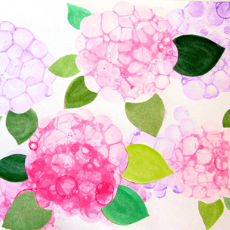 Autumn brochure: painted image of pink and purple hydrangeas with green leaves.