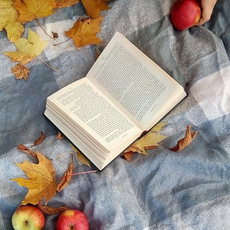 Autumn brochure: Open book in the centre, on a blanket surrounded by orange leaves and red apples.