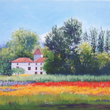 Painting of a meadow filled with red, yellow and purple flowers. There is a house which is white with a red roof. It is surrounded by tall trees and a blue sky.