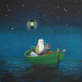 An owl and pussycat sat in a green boat with a lantern overhead. The boat is on the water surrounded by a starry sky.