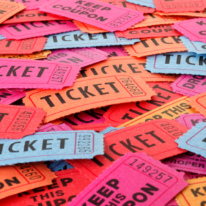 Blue, orange, pink and red raffle tickets
