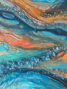 Vibrant abstract painting inspired by the Arabian Folktales, One Thousand and One Nights, by artist Aska Gough. It is made up of vivid orange, turquoise and blue colours.