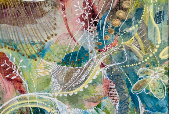 Colourful abstract painting in pastel greens, blues and pinks with white botanical linework.